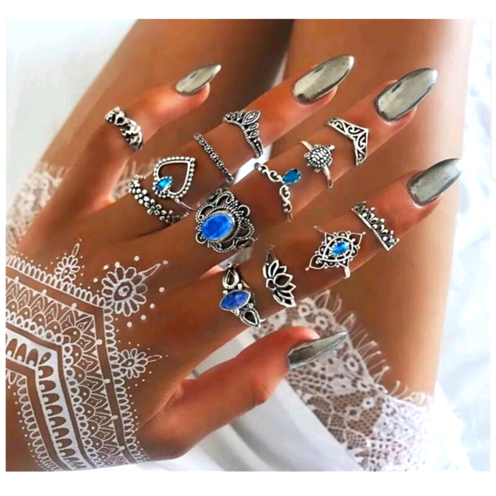 Antique silver 13 piece boho blue crystal stackable lotus flower ring set